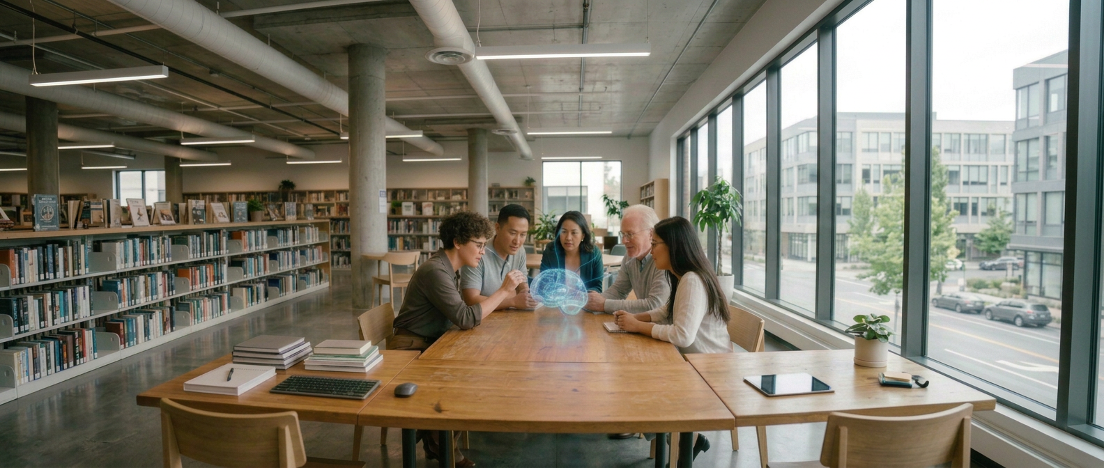 Four people sitting at a table engaged in discussion with a holographic brain model between them